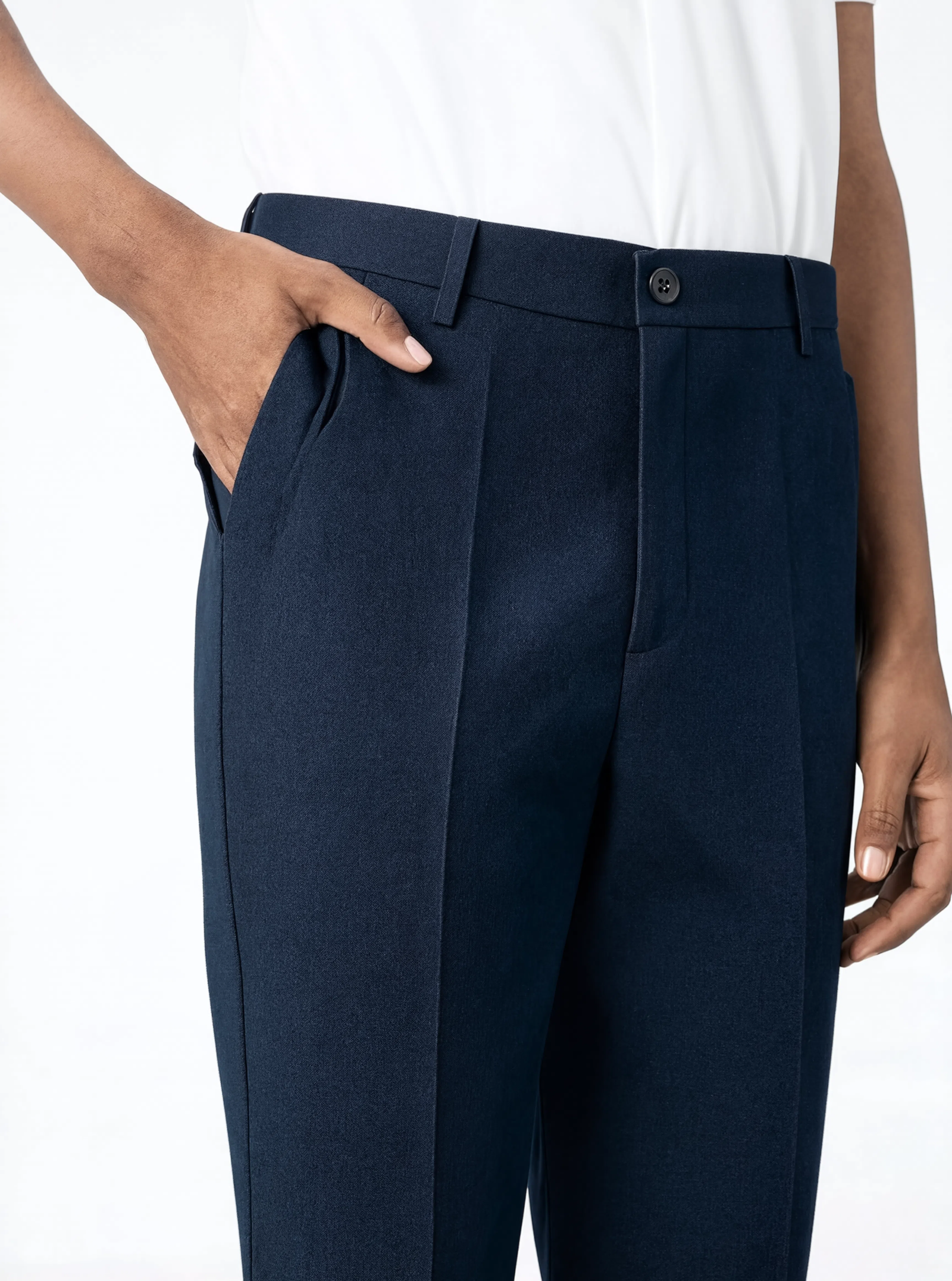 navy trousers pose 4 waistband detail navy trousers pose 4 waistband detail