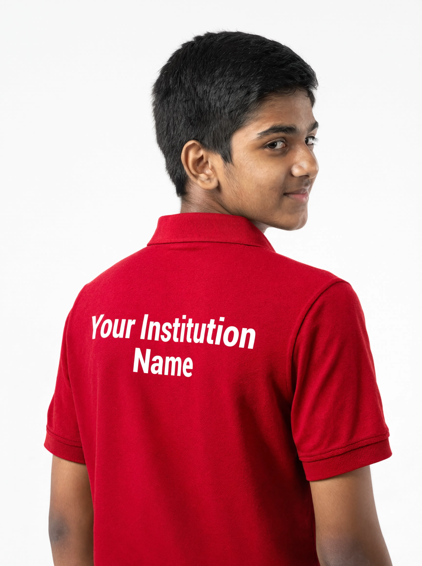 crimson red back branding pose Premium Crimson Red School Uniform Polo T Shirt Manufacturer India