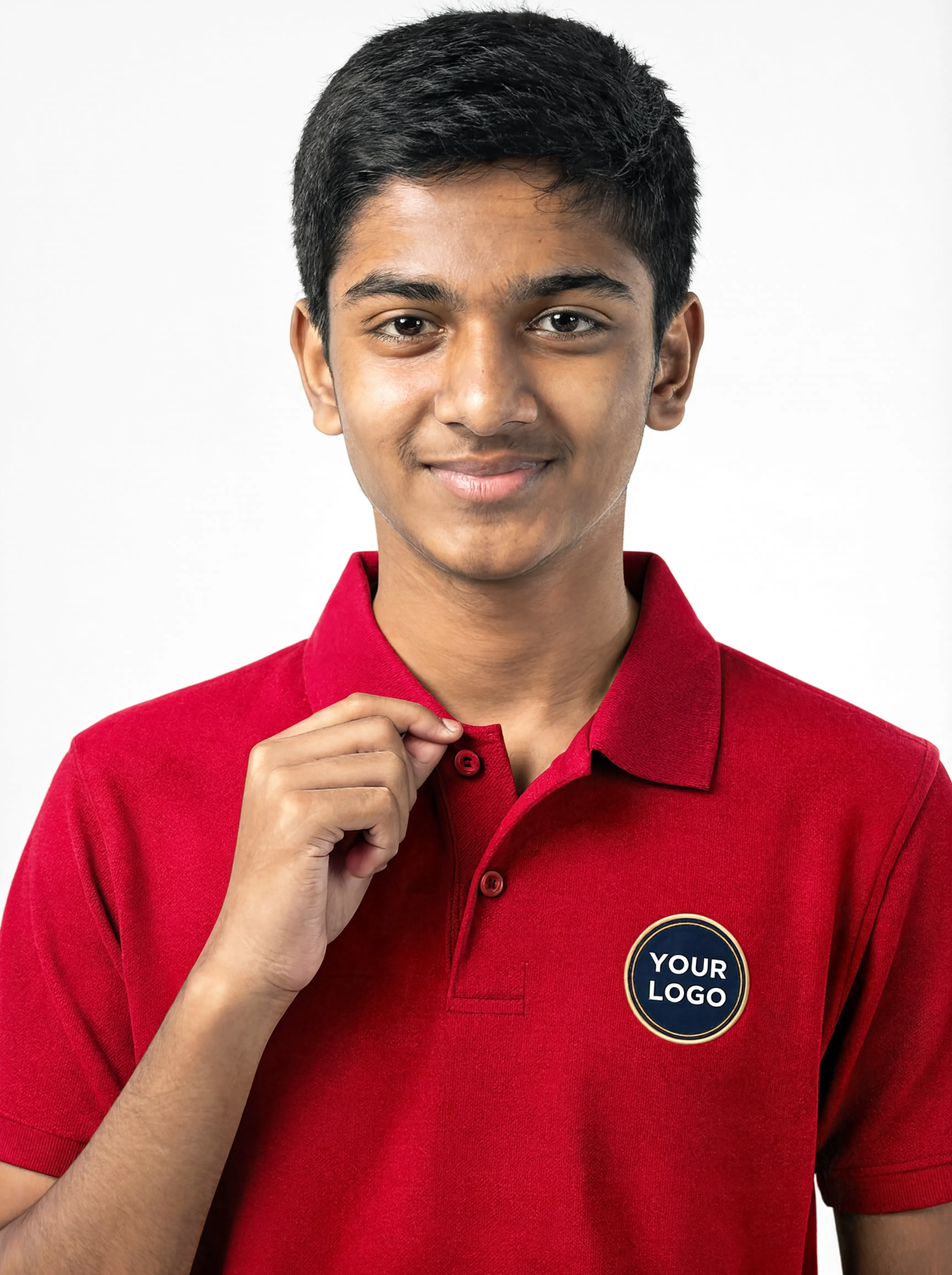 crimson red collar detail pose Premium Crimson Red School Uniform Polo T Shirt Manufacturer India