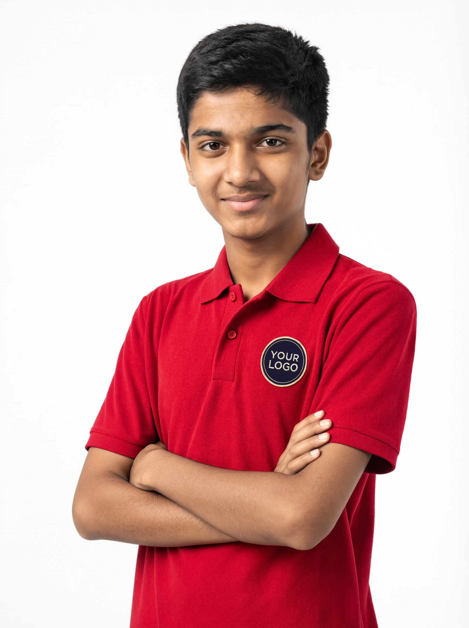 crimson red crossed arms pose Premium Crimson Red School Uniform Polo T Shirt Manufacturer India