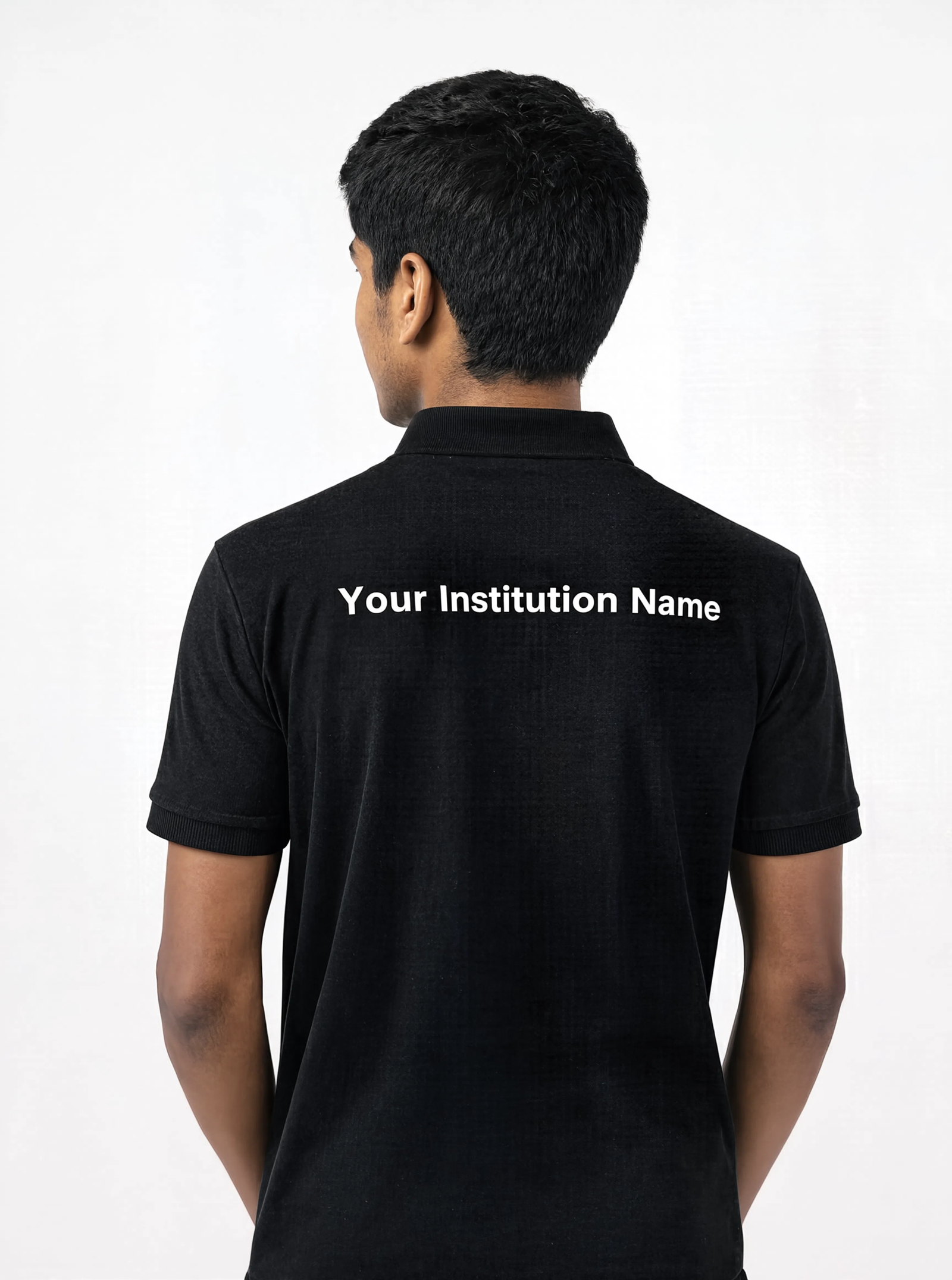 dark jet black back branding pose Premium Dark Jet Black School Uniform Polo T Shirt Manufacturer India