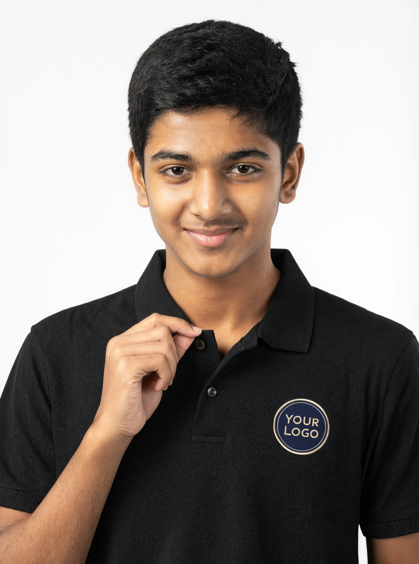 dark jet black collar detail pose Premium Dark Jet Black School Uniform Polo T Shirt Manufacturer India