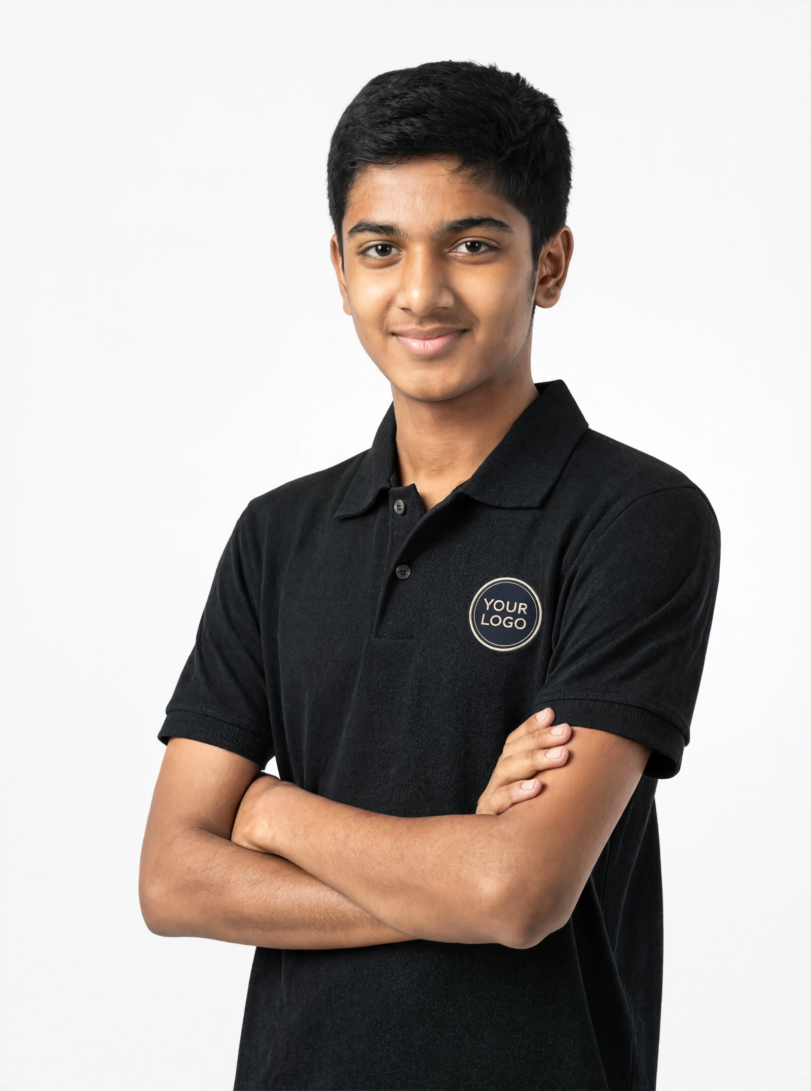 dark jet black crossed arms pose Premium Dark Jet Black School Uniform Polo T Shirt Manufacturer India