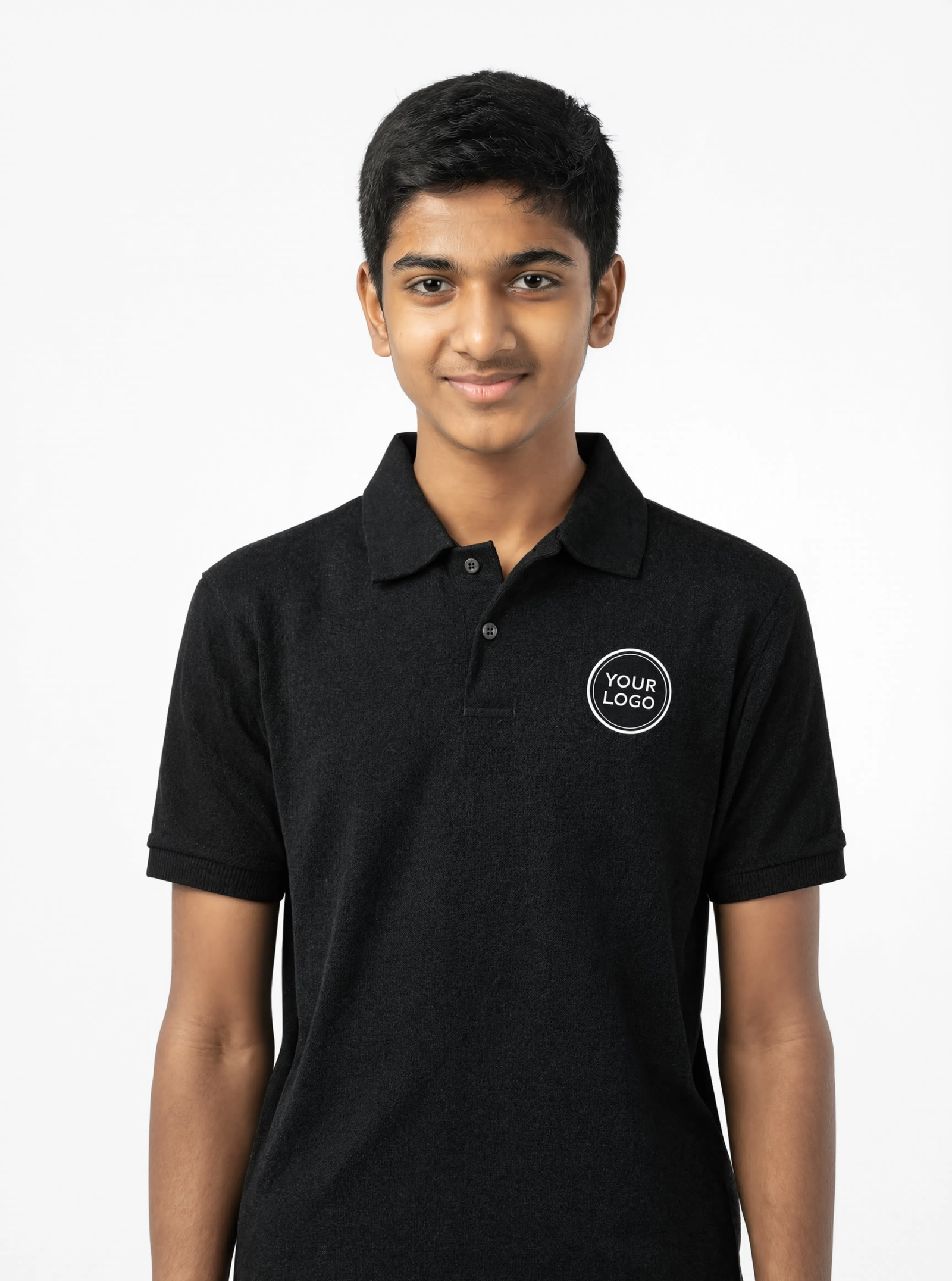dark jet black hero front pose Premium Dark Jet Black School Uniform Polo T Shirt Manufacturer India