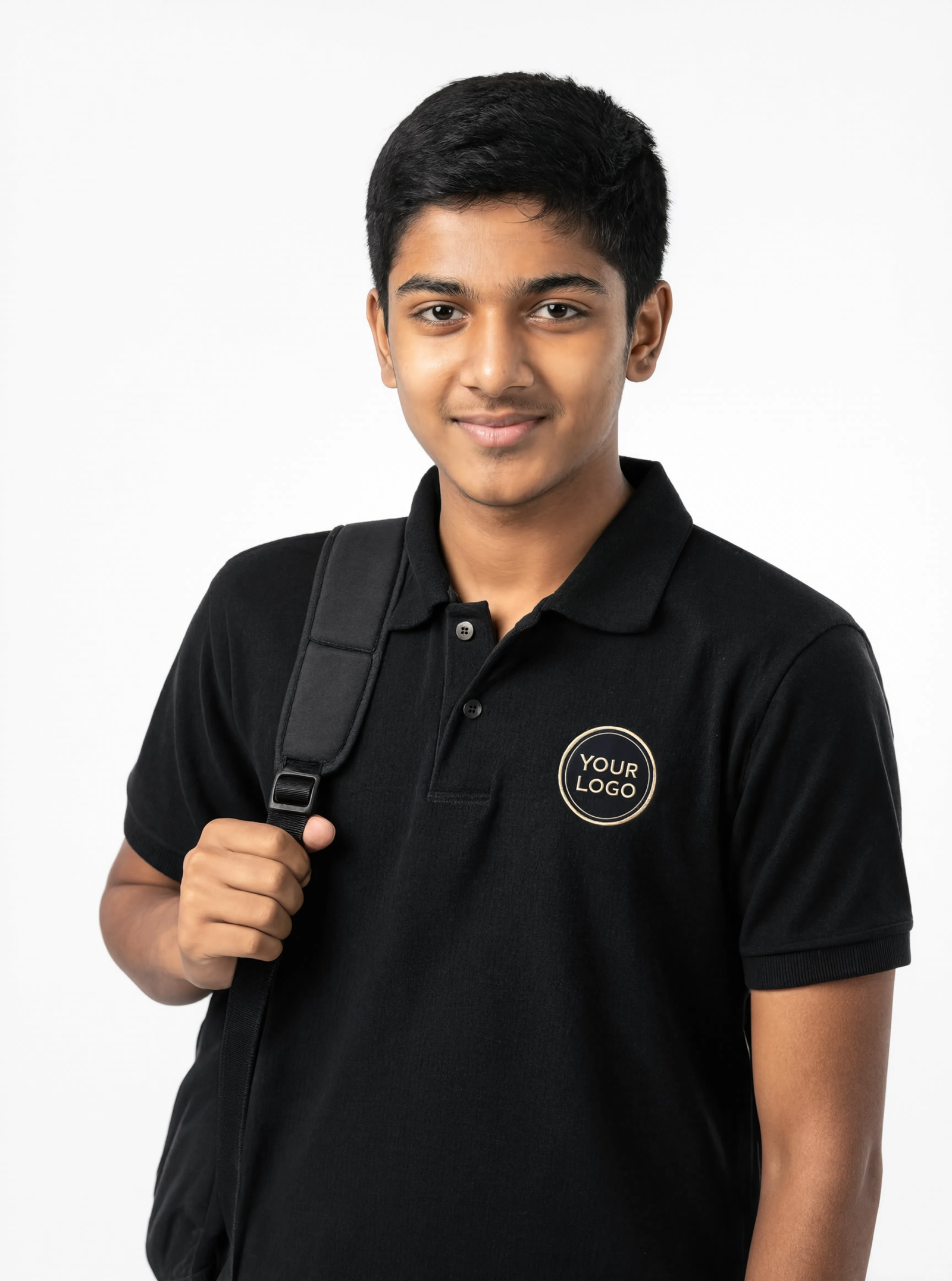 dark jet black school bag pose Premium Dark Jet Black School Uniform Polo T Shirt Manufacturer India
