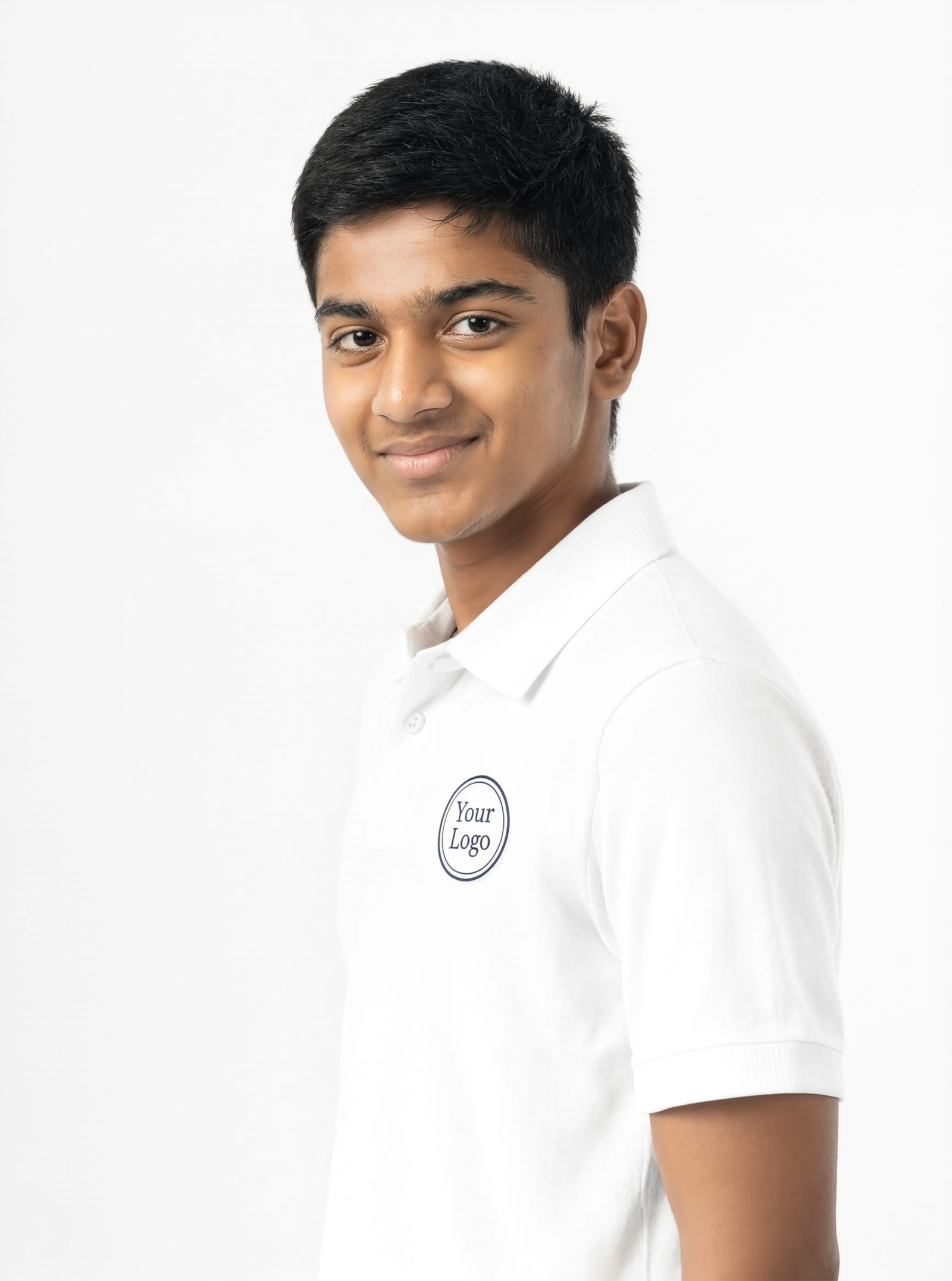 spi 107 pure white pose 2 logo showcase Premium Pure White School Uniform Polo T Shirt Manufacturer India