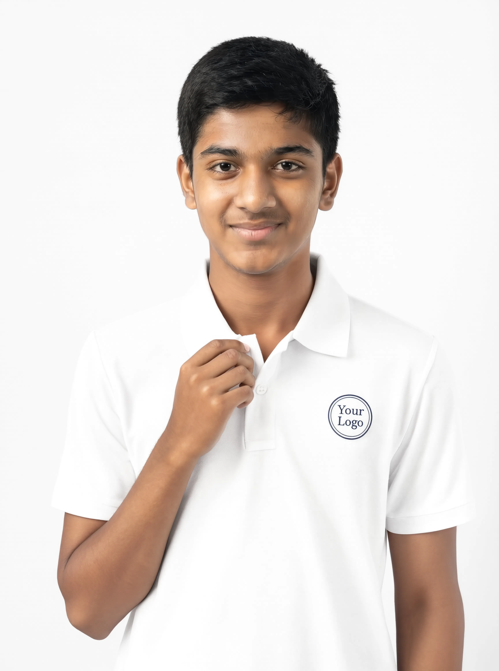 spi 107 pure white pose 3 collar detail Premium Pure White School Uniform Polo T Shirt Manufacturer India