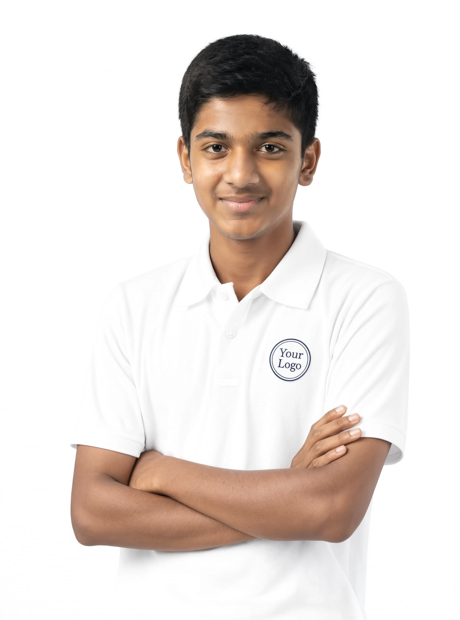 spi 107 pure white pose 4 crossed arms Premium Pure White School Uniform Polo T Shirt Manufacturer India
