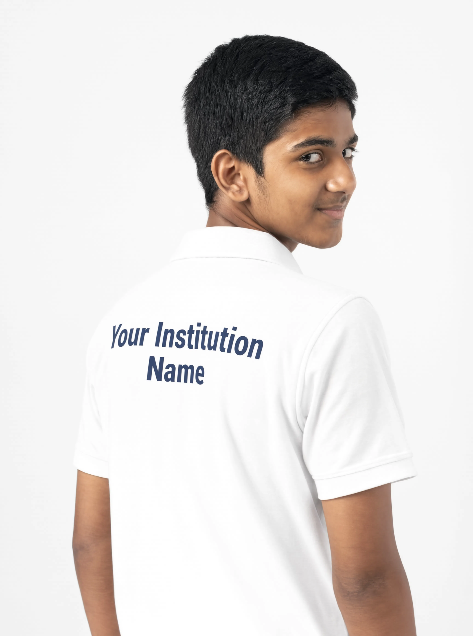 spi 107 pure white pose 5 back branding Premium Pure White School Uniform Polo T Shirt Manufacturer India