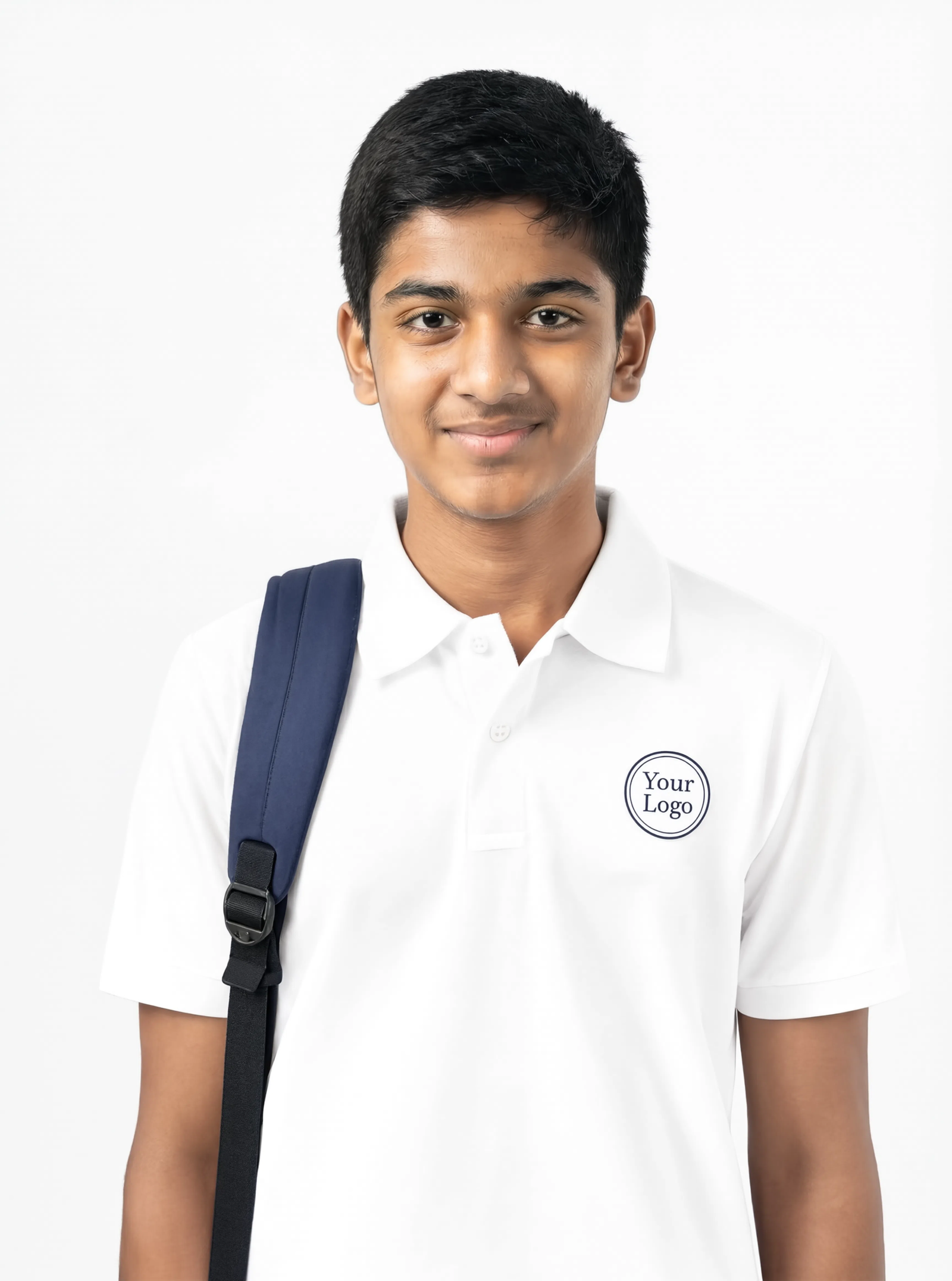 spi 107 pure white pose 6 school bag Premium Pure White School Uniform Polo T Shirt Manufacturer India