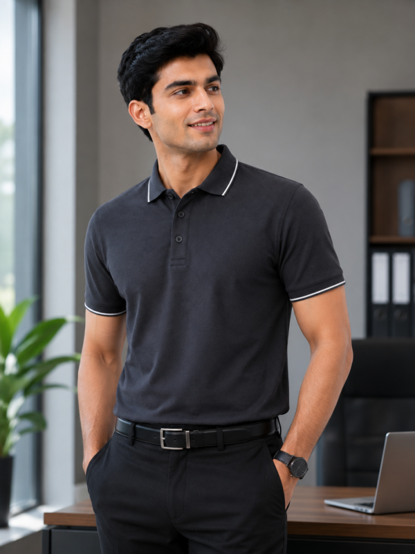 Premium Corporate Polo T-Shirt - Professional Office Portrait on Model