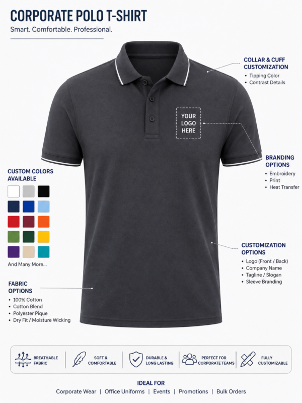 Premium Corporate Polo T-Shirt - Customization Infographic and Features