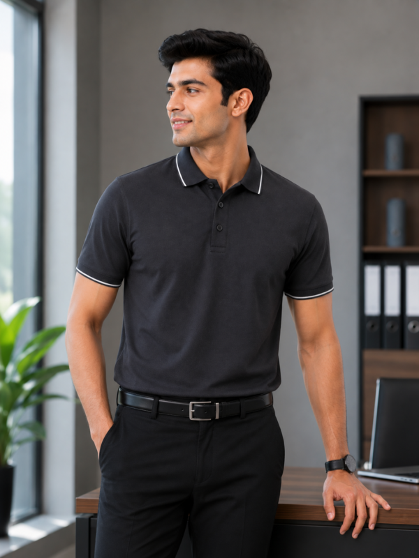 Premium Corporate Polo T-Shirt - Three-Quarter Office Pose on Model