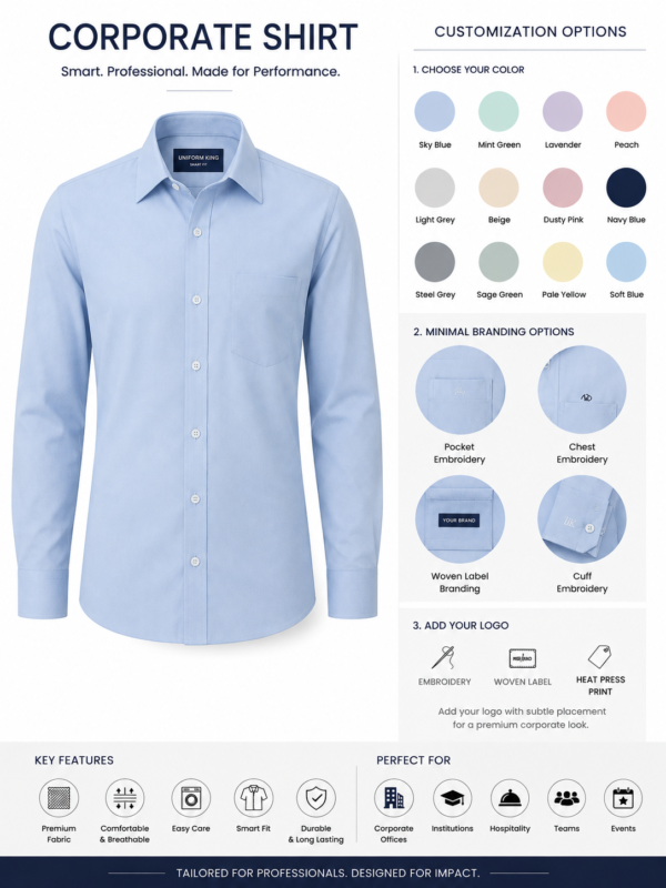 Premium Corporate Shirt - Front Customization Options and Color Palette Infographic