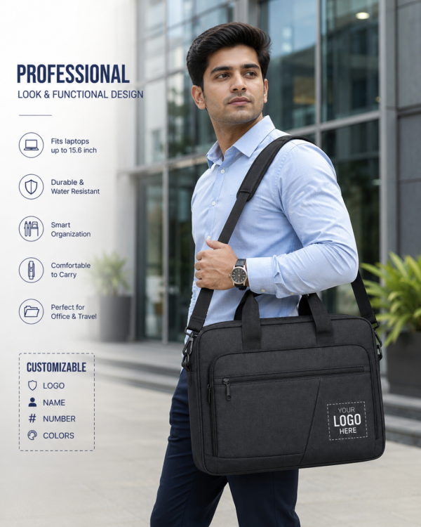 Premium Office Laptop Bag - Structured Side View Showing Depth and Zippers
