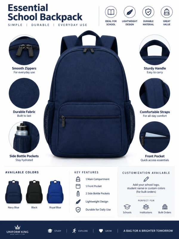 Essential School Backpack Features, Specifications, and Color Options