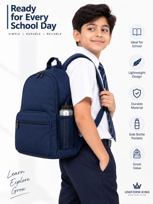 Student Wearing Essential School Backpack - Side Bottle Pocket View
