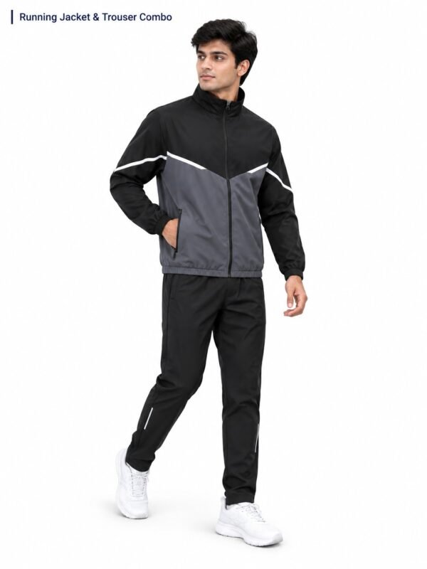 Man wearing running jacket and trouser sports uniform
