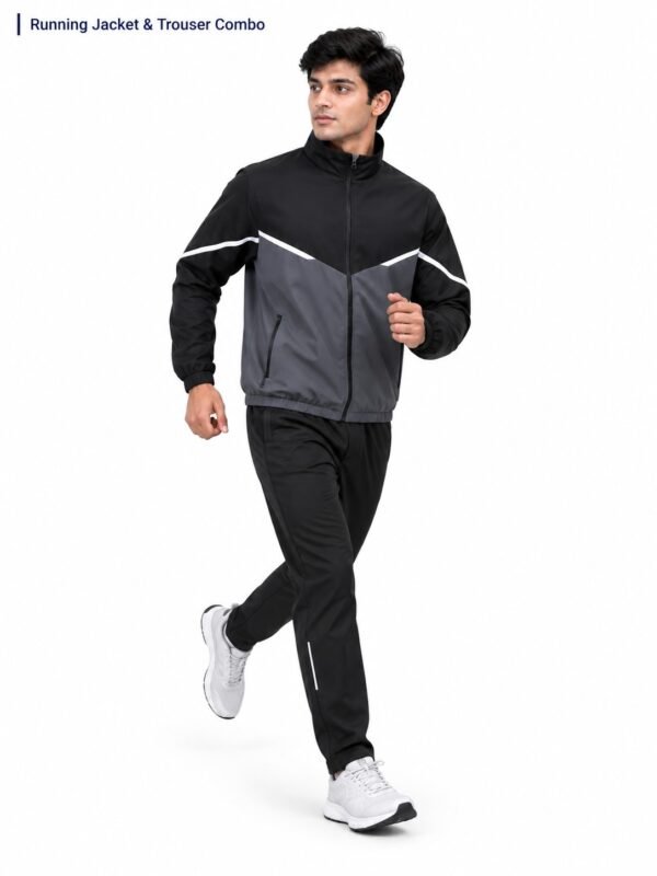 Athletic running track suit set for men action pose