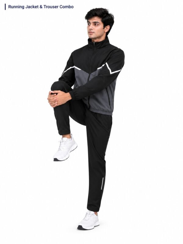 Athletic running track suit warm-up and stretch pose
