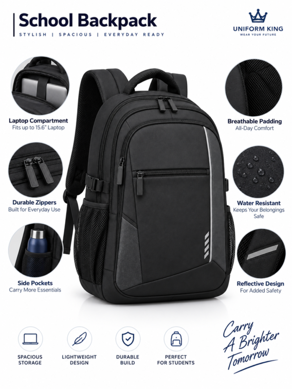 Premium School Backpack Features, Laptop Compartment, and Details