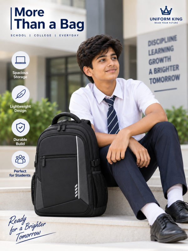 Student Sitting on Campus Steps with Premium School Backpack - Lifestyle