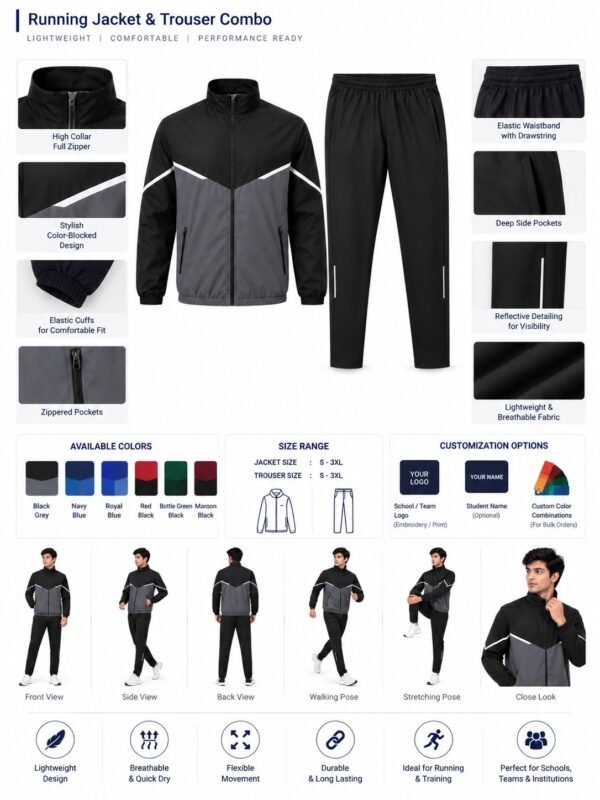 Running jacket and trouser combo customization options and color combinations