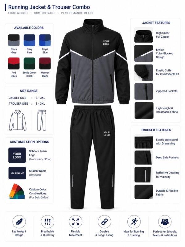 Running jacket and trouser track suit product features and specifications infographic