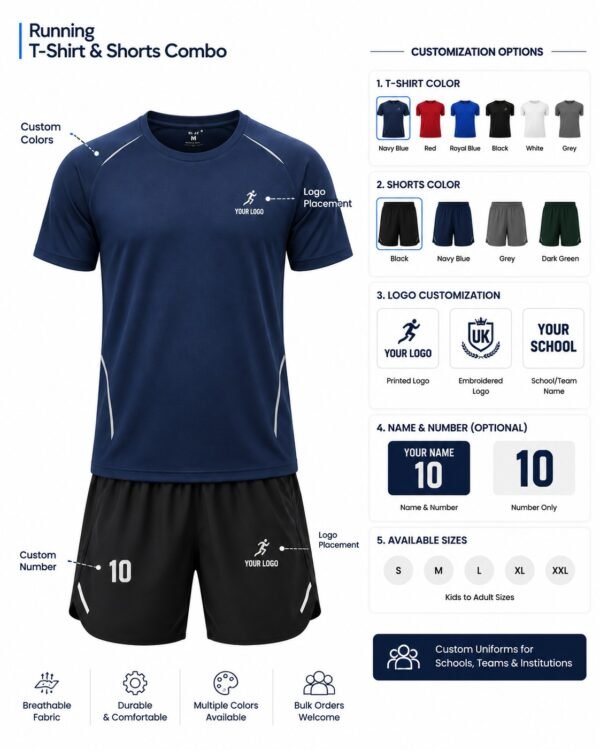 Navy blue running T-shirt and black sports shorts set